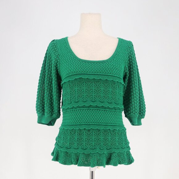 BOSTON PROPER Artisanal Knit Tiered Half Sleeve Scoop Neck Top Emerald Green M - Picture 1 of 8